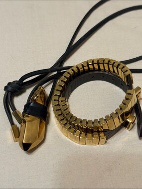 Michael Kors Gold Tone Leather Wrap Bracelet and Necklace with Leather Cord
